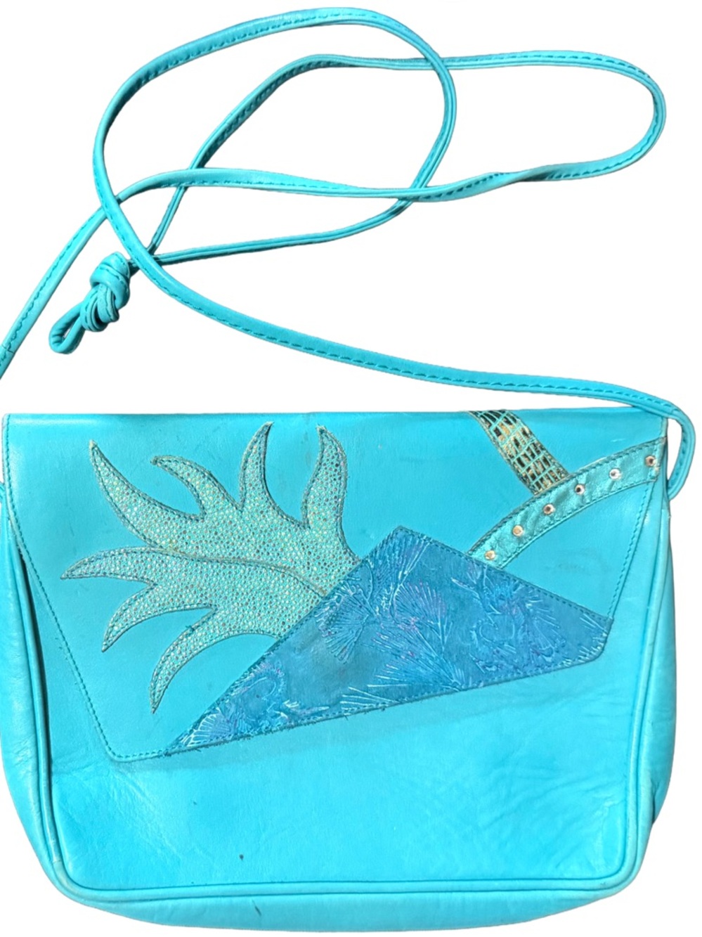Vintage Paterson Teal Blue Leather Crossbody Bag with Decorative Flap